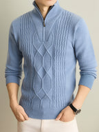 Autumn Winter Knit 3D Solid Half-Zip Stand Collar Sweater, Basic Knit Pullover Top for Men, Fashionable Long Sleeve Sweater, Size S - Light Blue