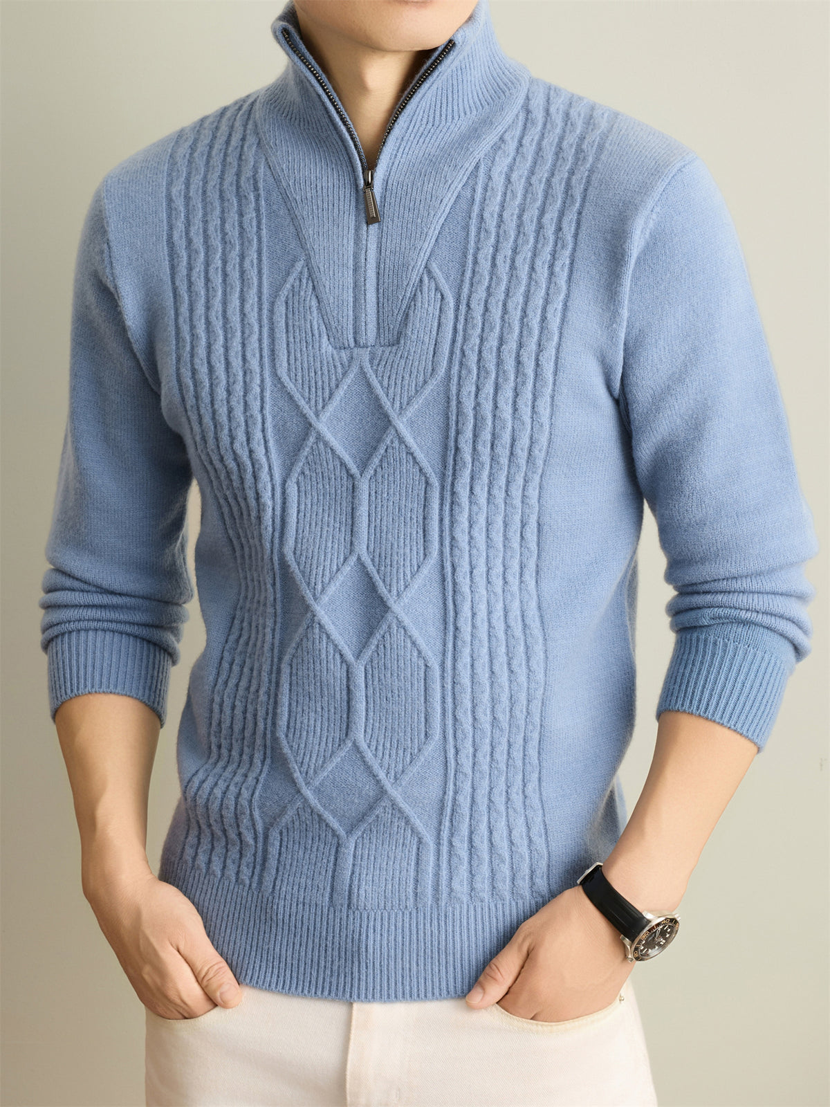 Autumn Winter Knit 3D Solid Half-Zip Stand Collar Sweater, Basic Knit Pullover Top for Men, Fashionable Long Sleeve Sweater, Size S - Light Blue