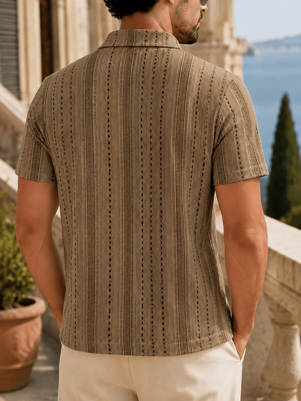 Men's Summer Knit Polo Shirt, Fashion Vertical Jacquard Stripe, Half-Zip Geometric Texture, Suitable for Trips, Business Occasions & Evening Dates - Men's Knitted Polo Shirt (Tan)