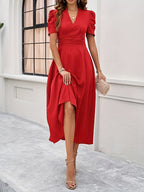 Solid V-Neck Elegant Dress - Red