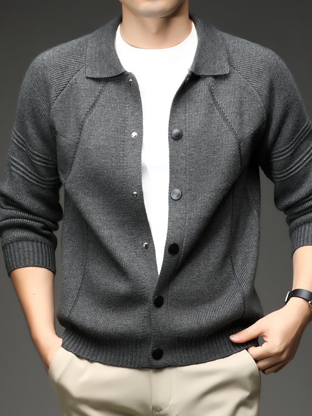 [Xingfan] Autumn Winter Men'S Long Sleeve Cardigan Lapel Business Casual Solid Color Thick Knit Thickened Jacket - Grey