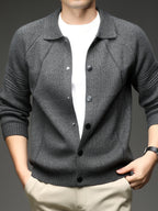 [Xingfan] Autumn Winter Men'S Long Sleeve Cardigan Lapel Business Casual Solid Color Thick Knit Thickened Jacket - Grey