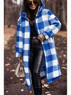 Winter Women's Hooded Cardigan, Two-Tone Plaid, Mid-Length, Thickened Warm Pea Coat - Vibrant Blue