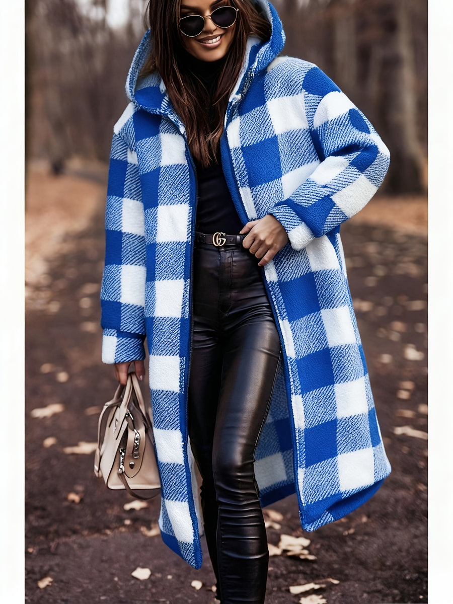 Winter Women's Hooded Cardigan, Two-Tone Plaid, Mid-Length, Thickened Warm Pea Coat - Vibrant Blue