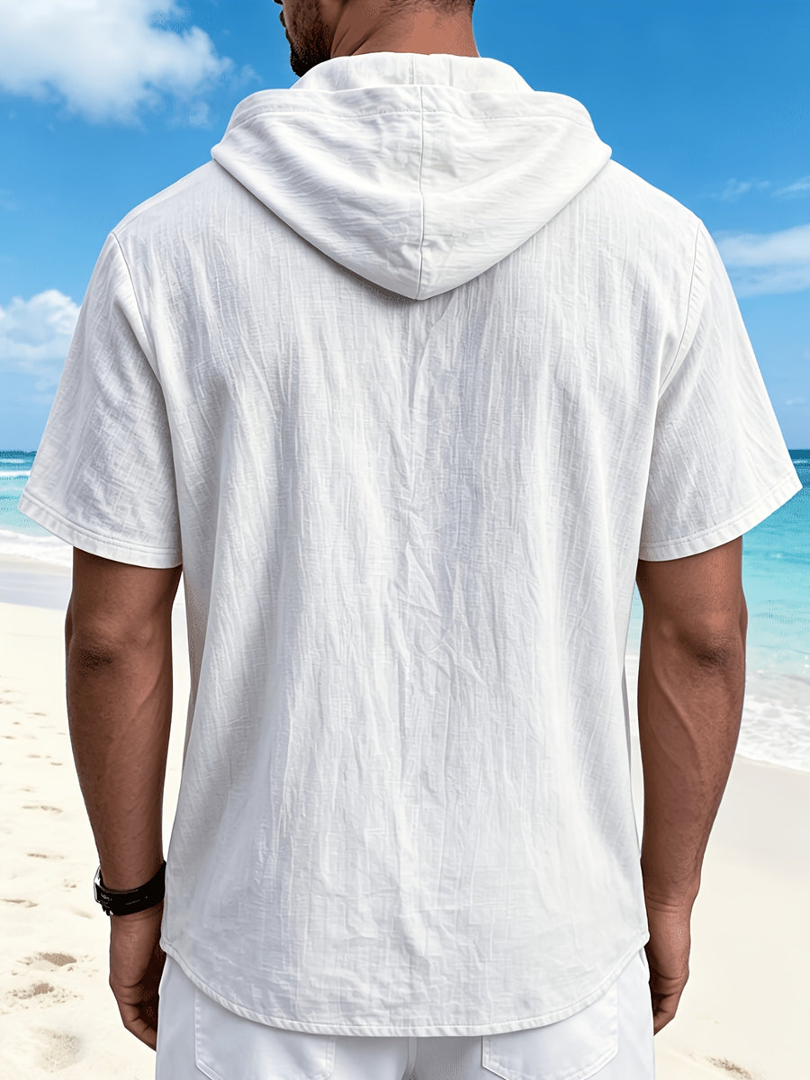 Men'S Linen Hooded Short Sleeve T-Shirt, Lightweight Breathable Ice Cool Half-Zip Design, Casual Solid Color Loose Top, Summer New Multicolor Optional, Versatile Hoodie - White