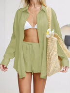 Women's 2pcs Shirt & Shorts Matching Outfit - Short-Sleeve Button-Front Blouse with Low-Rise Swim Shorts, Solid Color Loose Fit Beachwear for Spring Summer Vacation, 2pcs Ensemble (Machine Washable) - Tactical Green