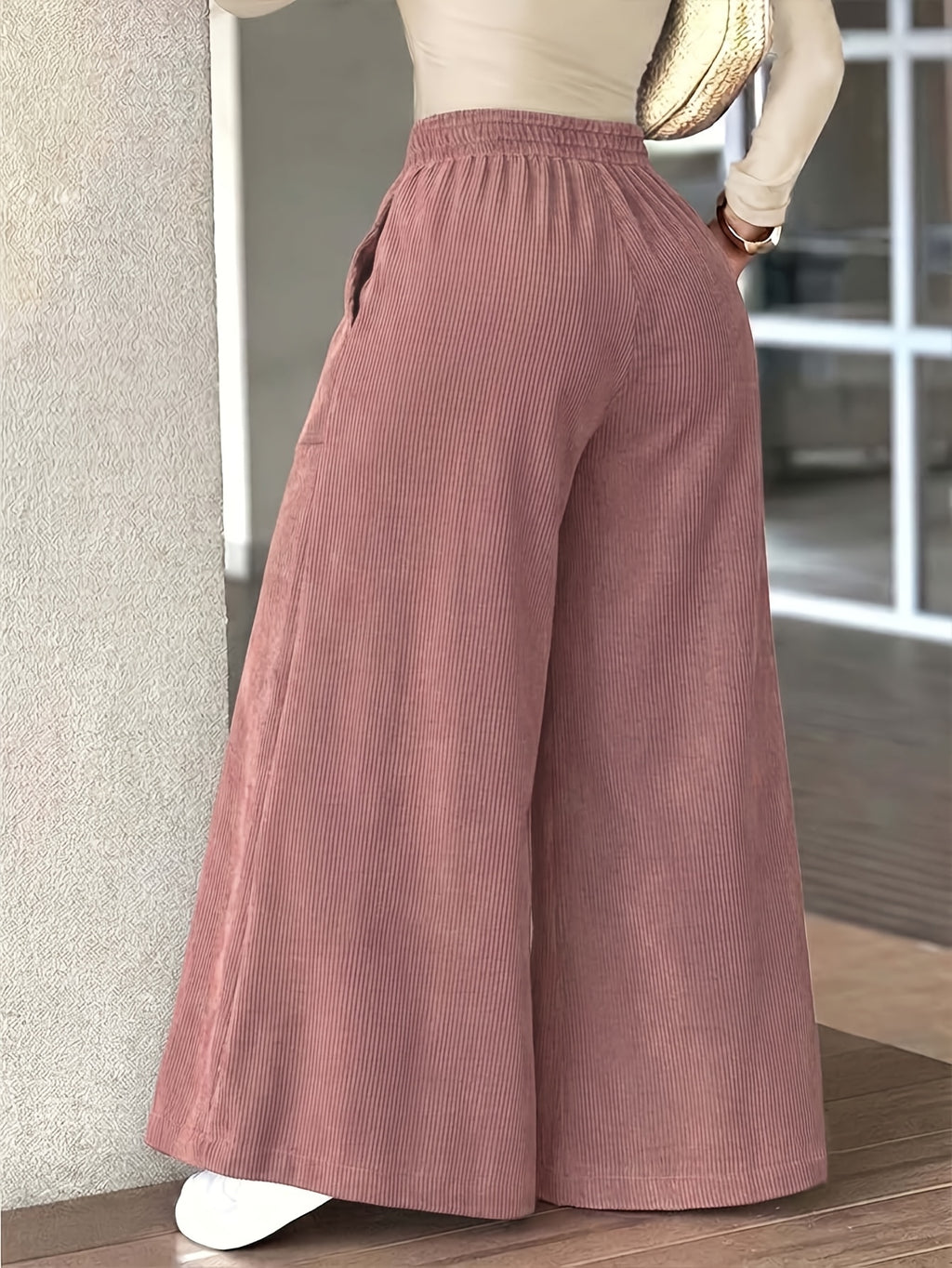 Women's Corduroy Fashion Casual Wide-Leg Pants with Multi Patch Pockets Design, Elegant Loose Straight-Leg Trousers with Nice Drape, High-Waisted Draping Wide-Leg Casual Pants - Pink