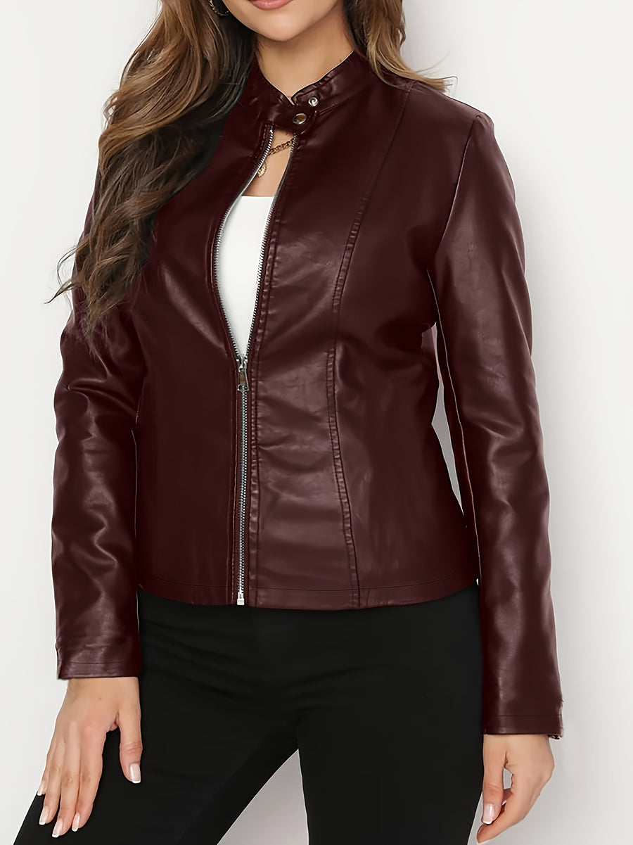 Women's Elegant PU Jacket - 2025 New Style Women's Jacket Outerwear - Full Zip Long Sleeve Motorcycle Biker Jacket for Women, Spring, Autumn, Winter Outerwear, Suitable for Casual and Formal Wear, Durable, Structured Fit, Stand Collar - Burgundy