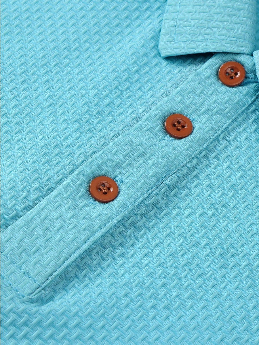 A06-4376VW Men's Popular Waffle Knit Polo Shirt, Textured Short Sleeve Casual Golf Shirt, Breathable Summer Top, Fashionable Golf T-Shirt, Suitable for Office / Vacation / Outdoor Use, Father's Day Gift - Sky Blue