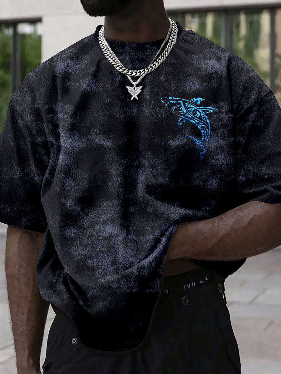 Men's American Tie-Dye Short Sleeve Street Style Shark Print Tie-Dye T-Shirt - Black Blue