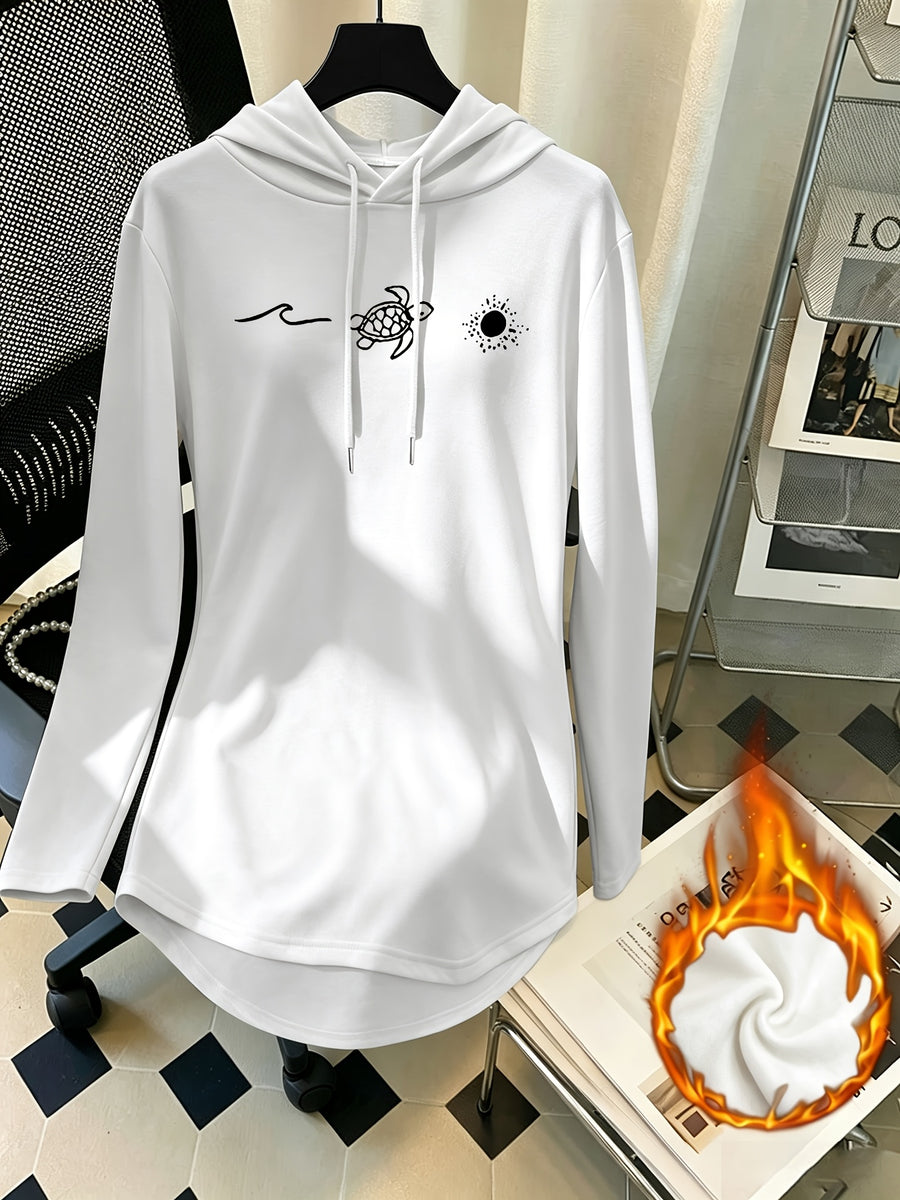 Women's Mid-Length Hooded Sweatshirt, Loose Fit, Hip-Covering, Small Turtle Print, Drawstring Pullover Top - White