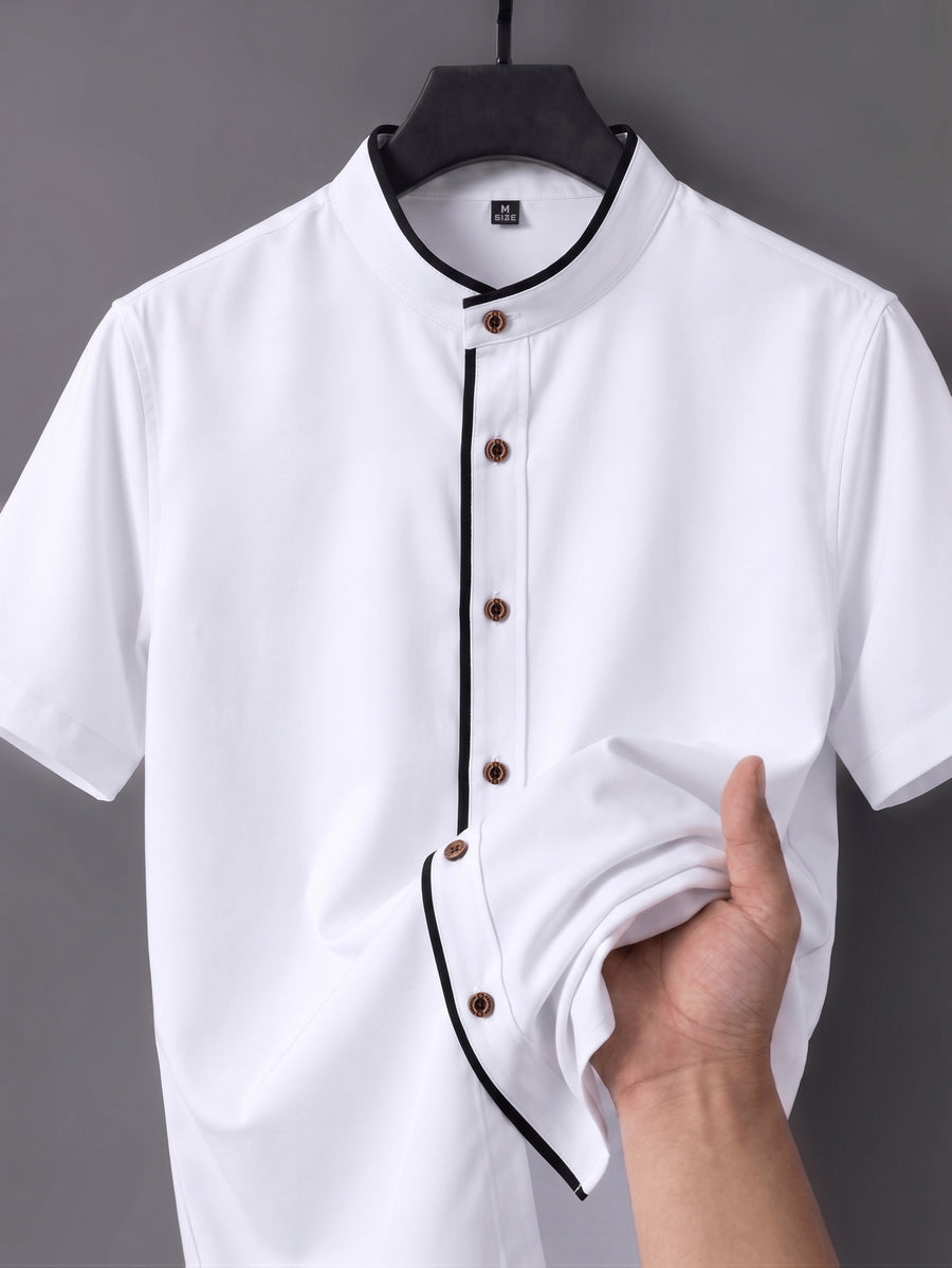 Men'S Short-Sleeved Shirt, Henley Collar/Stand-Up Collar Design, Placket Splicing Contrast Color Design - White