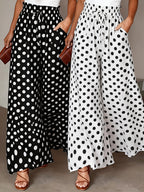 Fashionable Elegant Polka Dot Print Wide-Leg Pants, Commute Vacation Versatile Casual Trousers 2pcs Set - White Polka Dot + Black Polka Dot