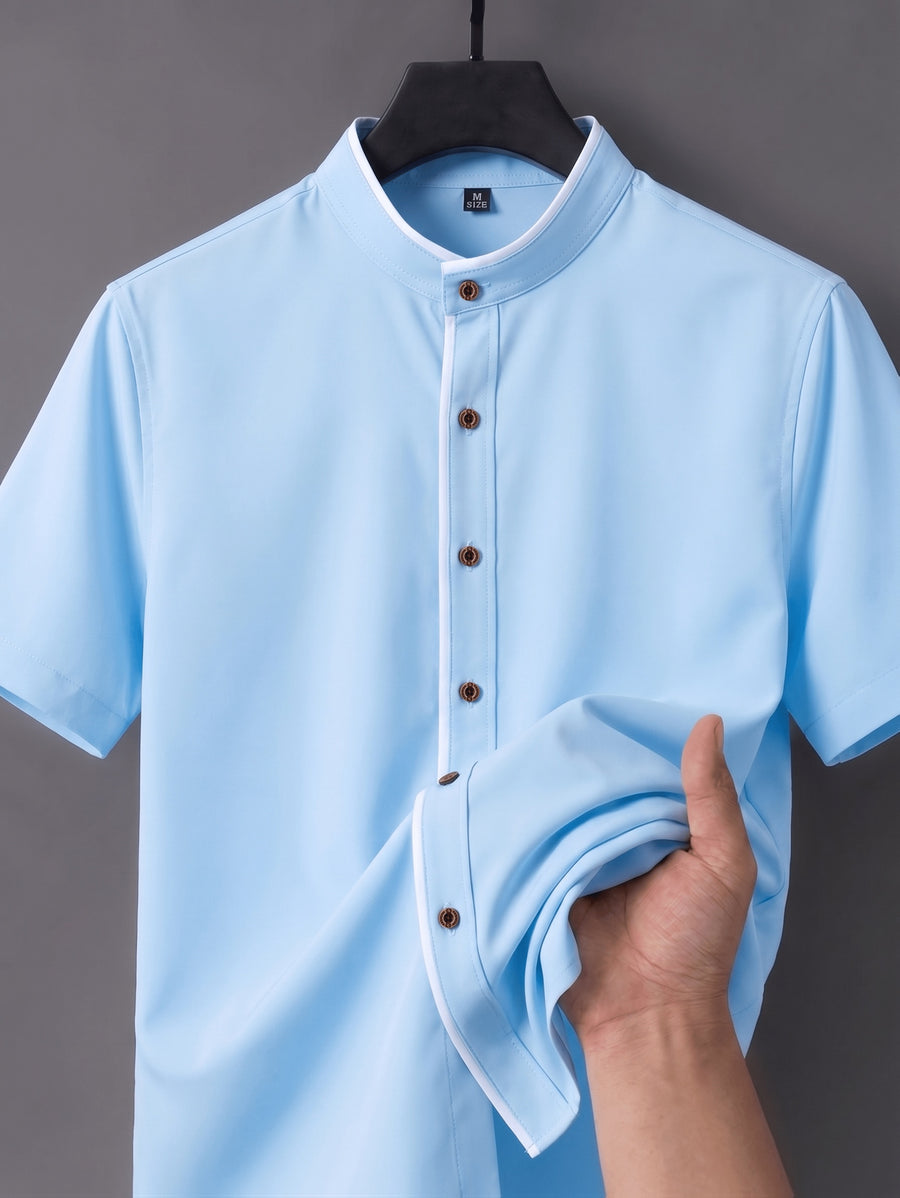 Men'S Short-Sleeved Shirt, Henley Collar/Stand-Up Collar Design, Placket Splicing Contrast Color Design - Light Blue