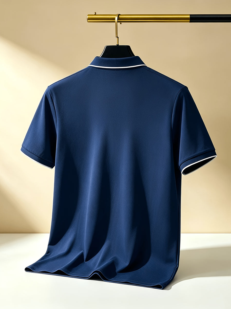 Quick-Dry V-Neck Men'S Golf Polo with Contrast Cuffs, Classic Logo Print, Luxury Contrast Collar, Anti-Pilling Breathable Fabric, Ideal for Sports, Business Casual, Commuting, Golf, And Business Settings - Navy Color