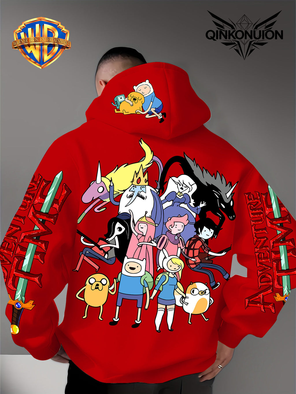 Warner Official Men's Hoodie, Adventure Treasure Full Character Gathering Adventure Print Design, Machine Washable, Warm and Casual for Autumn and Winter, Daily Drawstring Hoodie, Multifunctional Sports and Casual Loose Fit - Red