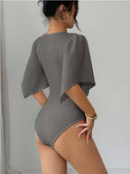 Ladies Elegant New V-Neck Texture Bust Pleats Ruffle Sleeves Slim Waist Elegant Jumpsuit, V-Neck Asymmetrical Cuffs Bodysuit Top - Grey