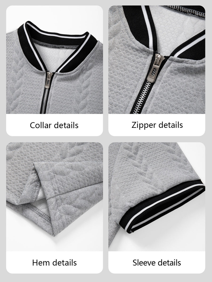 Men'S Cable Texture Short Sleeve Top, Retro Half-Zip Baseball Collar Polo Shirt, Summer Breathable Casual Versatile T-Shirt, Contrast White Trim Baseball Collar with Metal Half-Open Zipper, Suitable for Beach Vacation, Courtyard Leisure - Light Grey