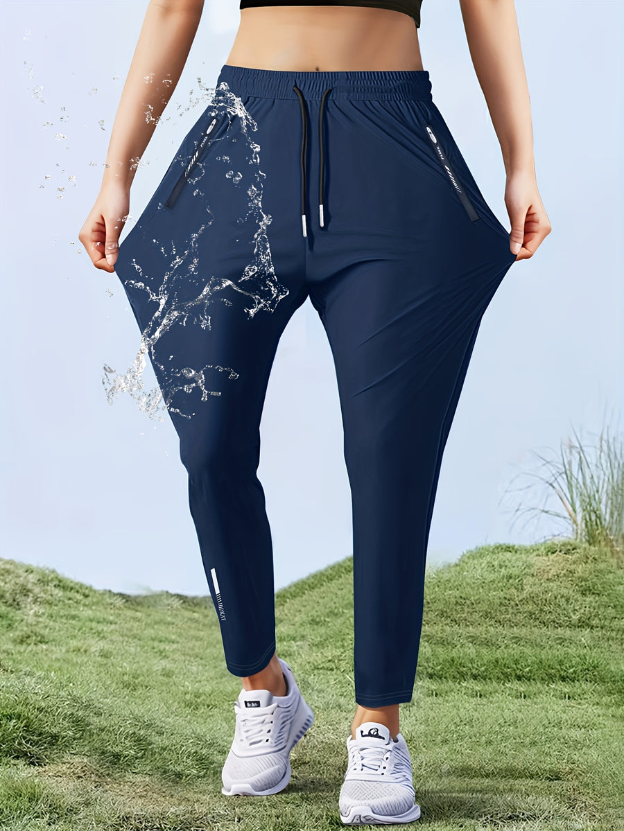 Women'S High-Elasticity Straight-Leg Fiber Pants | Casual Solid Color Long Length with Drawstring Waist, Zipper Pocket, Quick-Dry for Spring/Fall - Blue