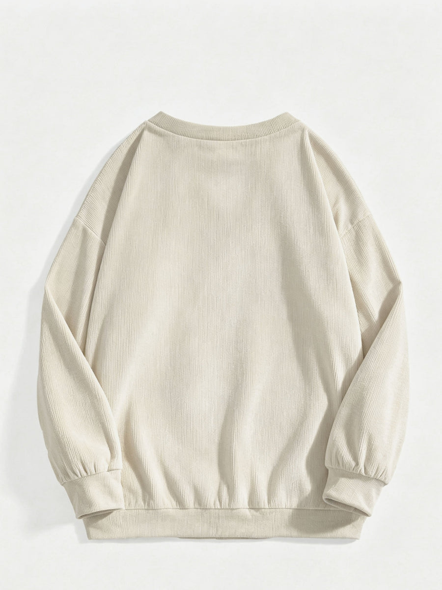 Women's Versatile, Casual-chic Round-neck Sweatshirt; Autumn Top; Fashionable Corduroy Long-sleeve Top for Work and Casual Attire; Loose Fit for Comfort, Soft Against the Skin, and Warm Without Looking Bulky; Simple Round Neckline with a Versatile - Apricot