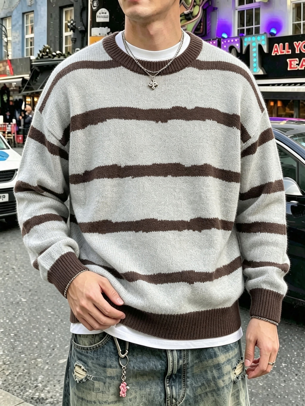 Men's Intermediate Color Striped Sweater, Fashionable Street Style, Versatile for Daily Commute, Home, and Office, Crew Neck, Long Sleeve, Loose Fit Fabric Top - Coffee Color