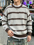 Men's Intermediate Color Striped Sweater, Fashionable Street Style, Versatile for Daily Commute, Home, and Office, Crew Neck, Long Sleeve, Loose Fit Fabric Top - Coffee Color