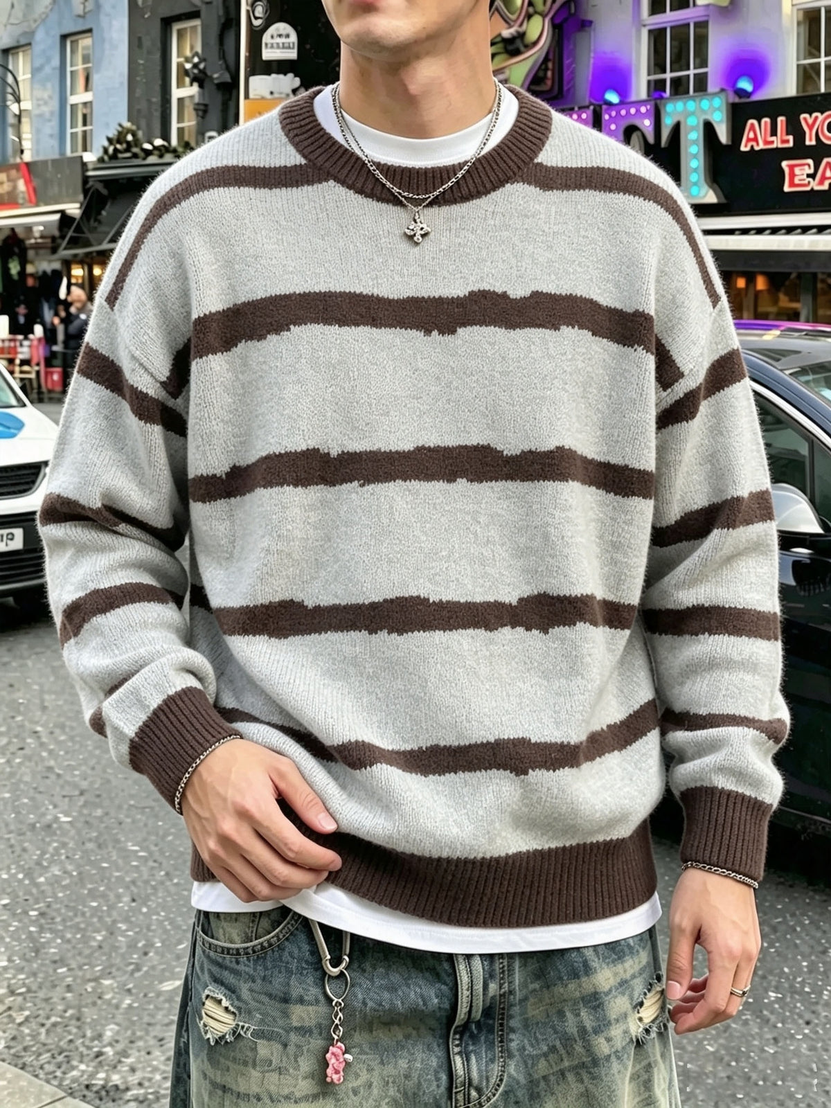 Men's Intermediate Color Striped Sweater, Fashionable Street Style, Versatile for Daily Commute, Home, and Office, Crew Neck, Long Sleeve, Loose Fit Fabric Top - Coffee Color