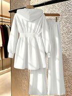 2pcs Set: Mid-length Hooded Zip-up Cardigan + High-waisted Drapey Wide-leg Pants - White