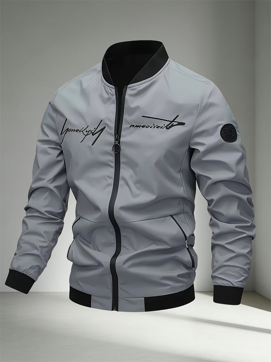 2026 New Men's Casual Windproof Jacket - A Must-Have for Stylish Men, Lightweight for Spring and Autumn, Full Zip Closure with Letter Embroidery, Casual Pilot Jacket Baseball Jacket, Fashionable and Versatile Streetwear Trend, Suitable for Outdoor - Mature Gray