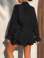 Women's 3pcs Summer Set, Solid Color Ruffle Trim Camisole Top + High-Waist Shorts + Long-Sleeve Button-Up Shirt, Casual Vacation Beachwear - Black