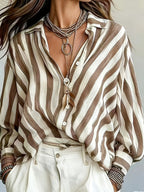 New Spring/Summer Vintage Striped Long-Sleeve Women's Chiffon Shirt, Loose Holiday Style Beach Top, Daily Casual Commuter Chiffon Blouse - Khaki