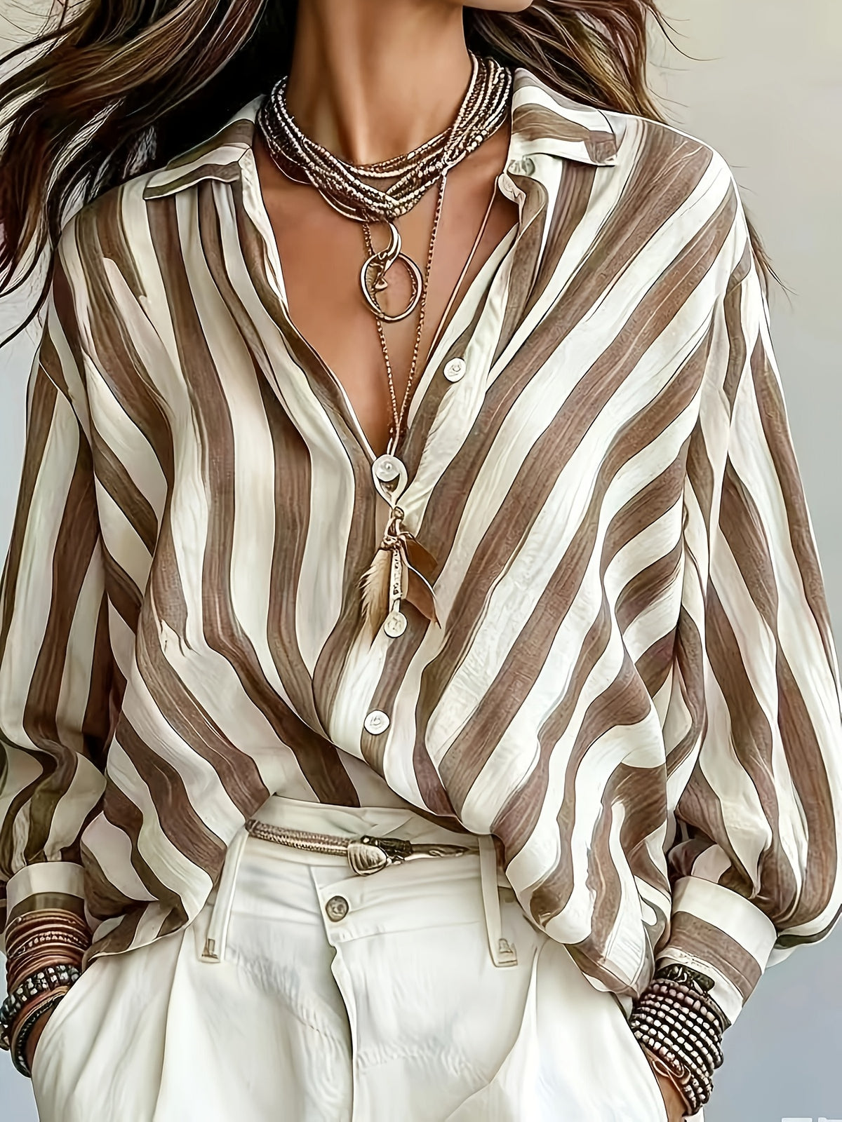 New Spring/Summer Vintage Striped Long-Sleeve Women's Chiffon Shirt, Loose Holiday Style Beach Top, Daily Casual Commuter Chiffon Blouse - Khaki