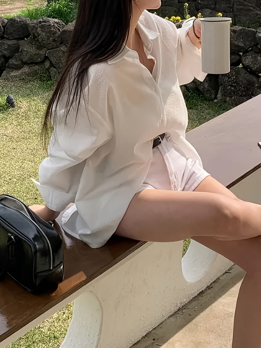 Women'S Shirt Summer New Loose Casual Versatile Single-Button Blouse Sunscreen Jacket Top - White