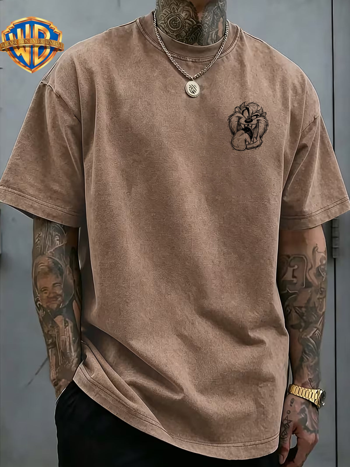 Le Yitong Big Mouth Monster Big Head Sketch Front And Back Print Washed T-Shirt, American Retro Washed Distressed Style Loose Short Sleeve, Unisex Machine Washable T-Shirt, Suitable for Daily Wear, Commuting, And Outdoor Outfits - Khaki
