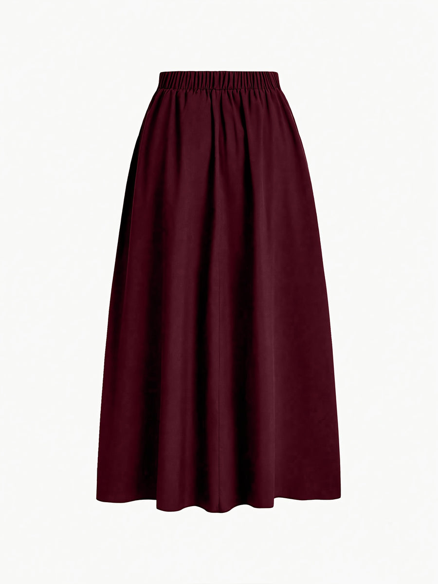 Women'S Solid Color Long Skirt | Casual High-Waist A-Line Skirt with Flowy Design for All Seasons - Burgundy