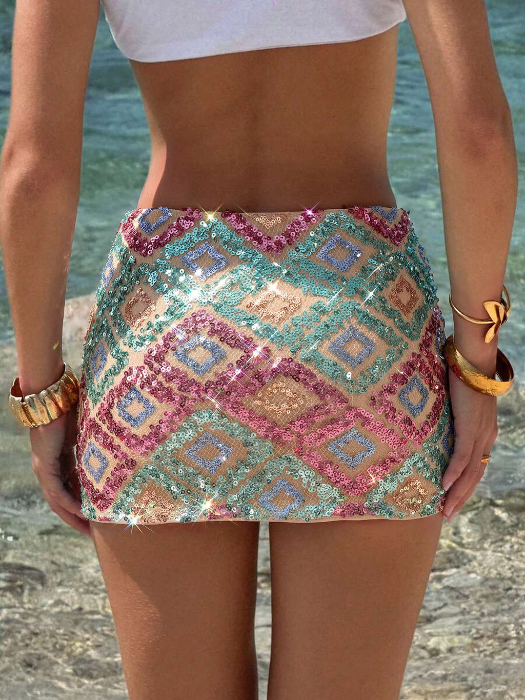 Hot Style High-waisted Hip-hugging Women's Summer Midi Low-rise Short Skirt, Color-blocked Geometric Pattern Vacation-style Skirt. Essential Outfit for Beach Outings - Mixed colors