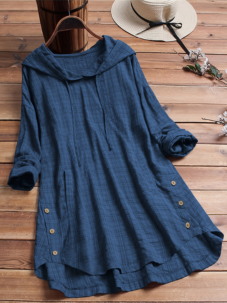 Casual Long-Sleeve Hooded Shirt, Asymmetrical Top, Stylish Plaid Blouse, Autumn Waist-Tied Outerwear for Women, Elegant Long-Sleeve Drawstring Shirt - Blue