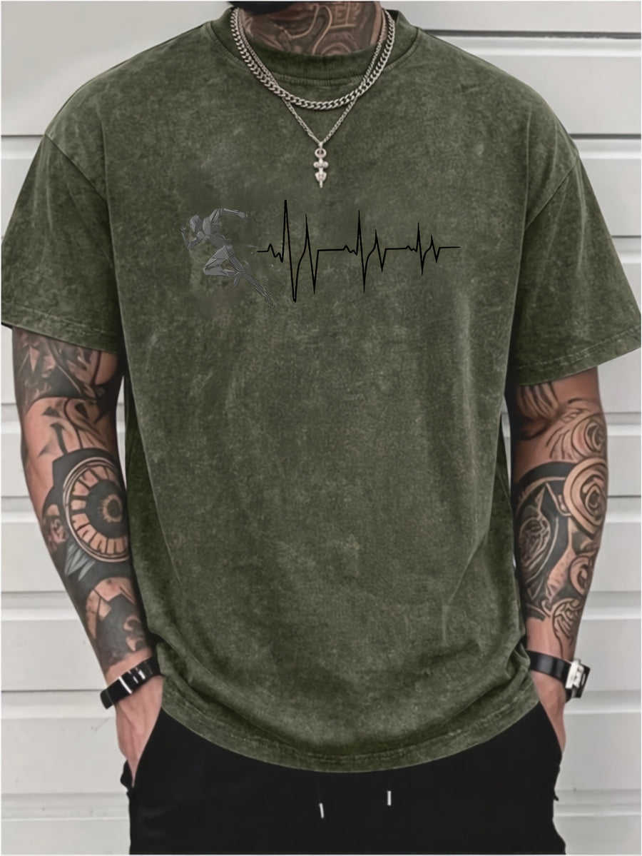 Men's Washed Short-Sleeve T-Shirt, Made of Pure Cotton Fabric That Is Breathable and Skin-friendly. The Relaxed Fit Is Comfortable and Versatile. Features a Creative Print of a Runner on the Front + EKG, Combining Athletic Passion with the Rhythm - Olive Green