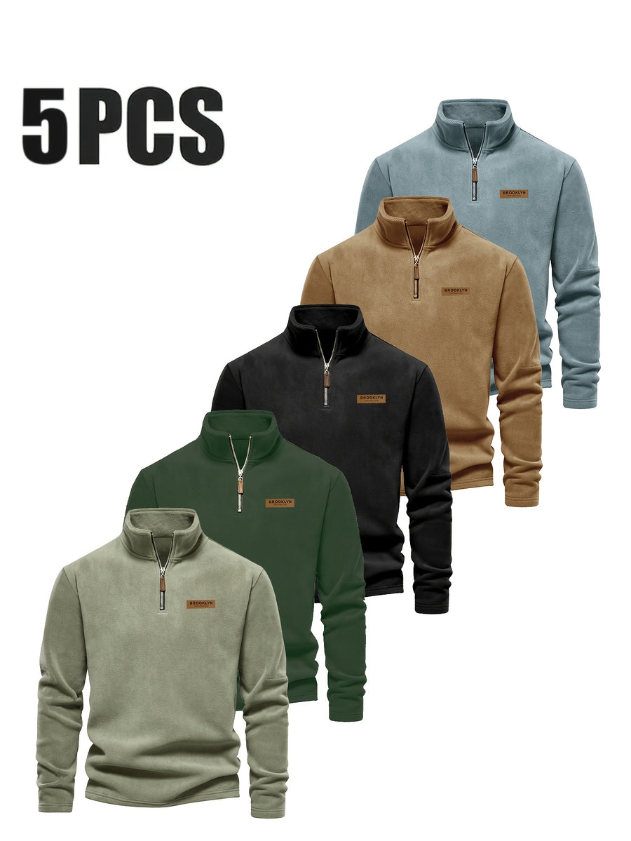 Men'S Fleece Half-Zip Sweatshirt 5pcs Set Autumn Winter Comfortable Warm Casual All-Match Style - Mint Green + Dark Green + Slate Blue + Black + Orange