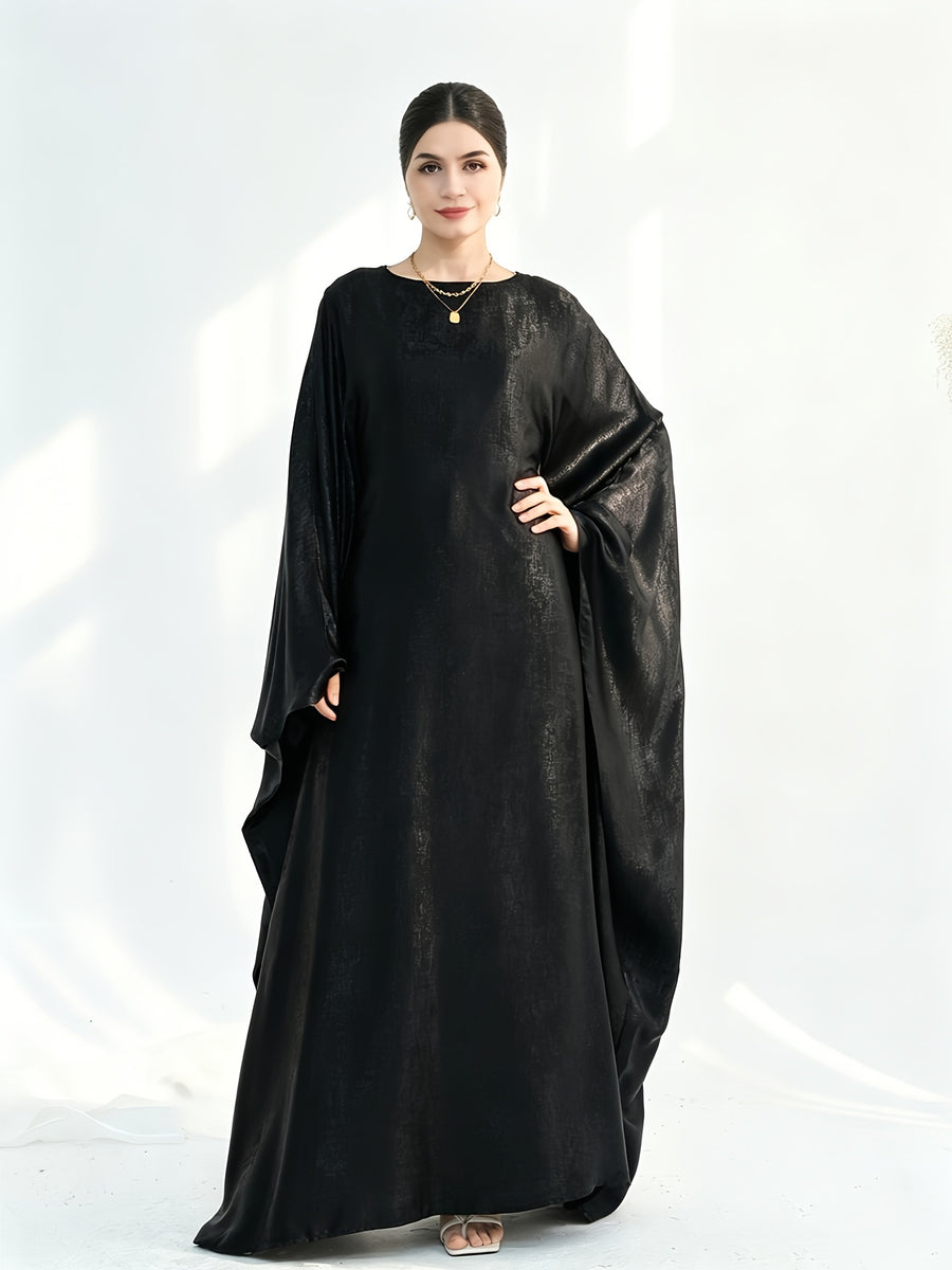 1pc Fashion Satin Bright Elegant Vacation Comfortable Loose Long Sleeve Solid Color Simple Breathable Casual Women's Abaya Dress, Abayas for Women, Muslim Khimar Robe, Chic Femme Robe, Elegant Women's Abaya, Muslim Women's Clothing - Black