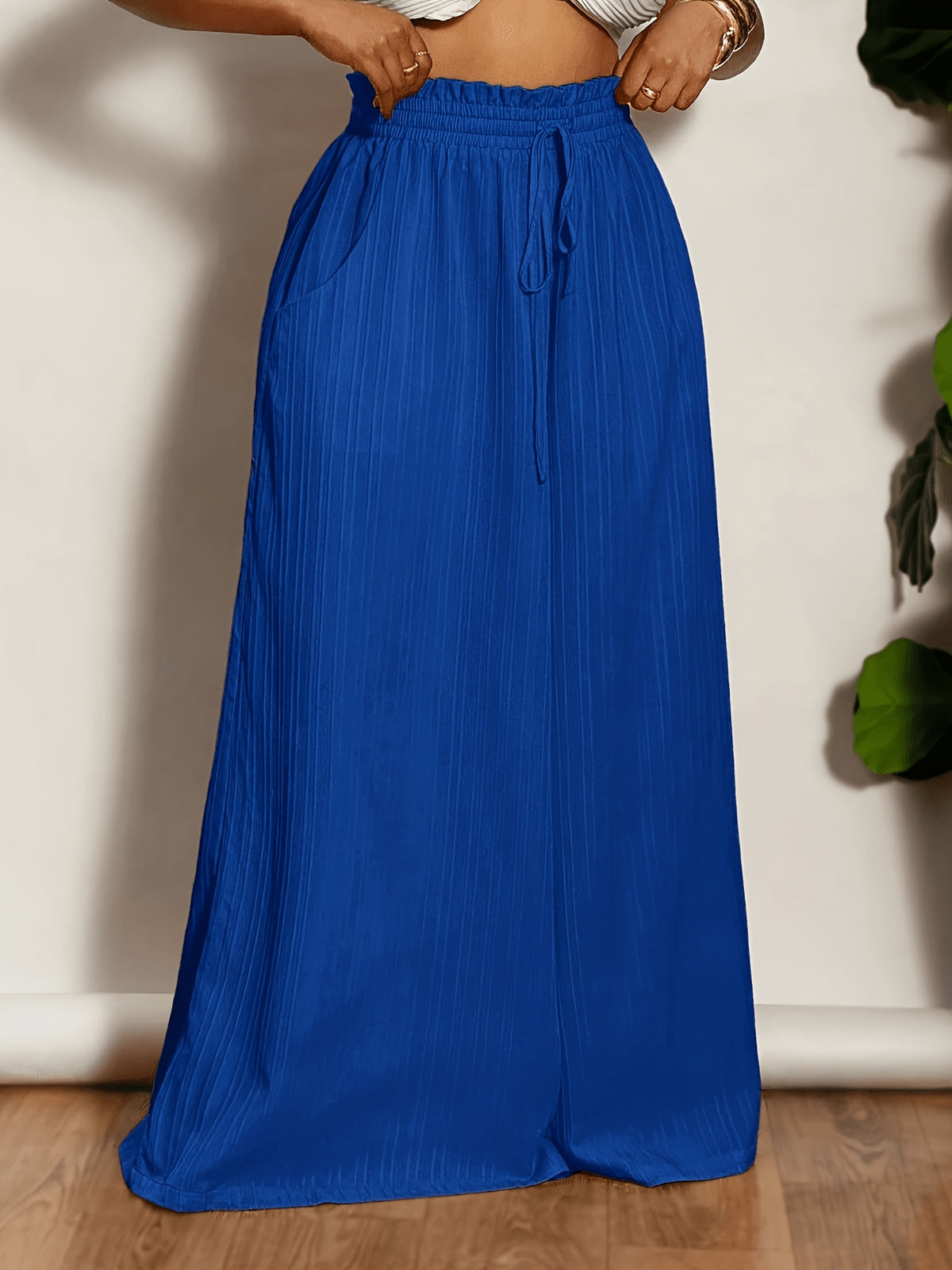 Plus Size, Plus-size Women's Casual Wide-leg Flared Pants with Pocket and Drawstring Design - Blue