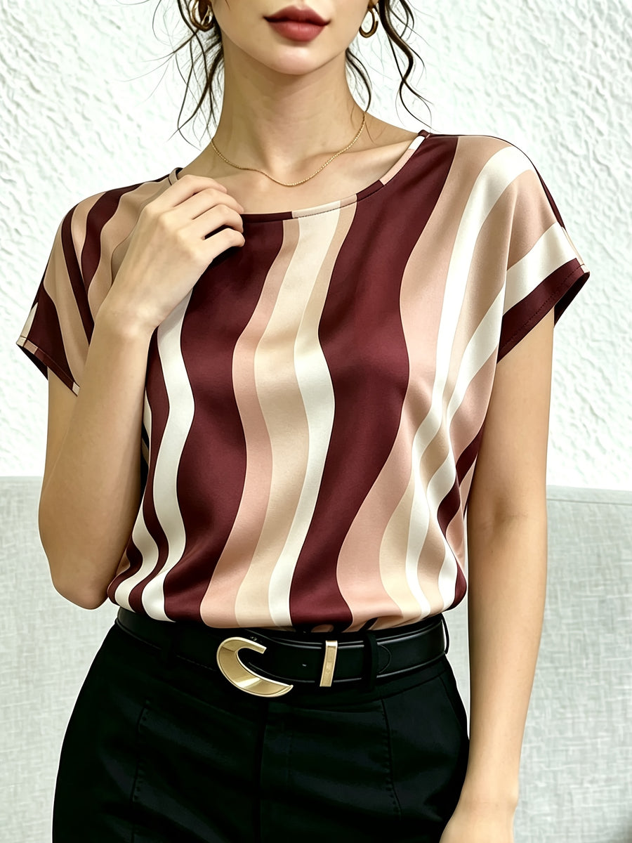 Women'S Casual Easy Fashion Printed Short Sleeve Vacation Top - Burgundy