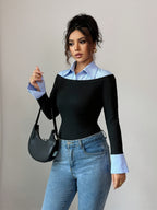Autumn/Winter Slim-Fit Two-in-One Polo Collar Long-Sleeve Shirt, Vintage Color Block Polo Collar Slim-Fit Sexy Long-Sleeve T-Shirt, Elegant Commuter Bodycon AB Collar Flared Cuff Long-Sleeve Half-Open Placket Striped Multicolor T-Shirt - Black
