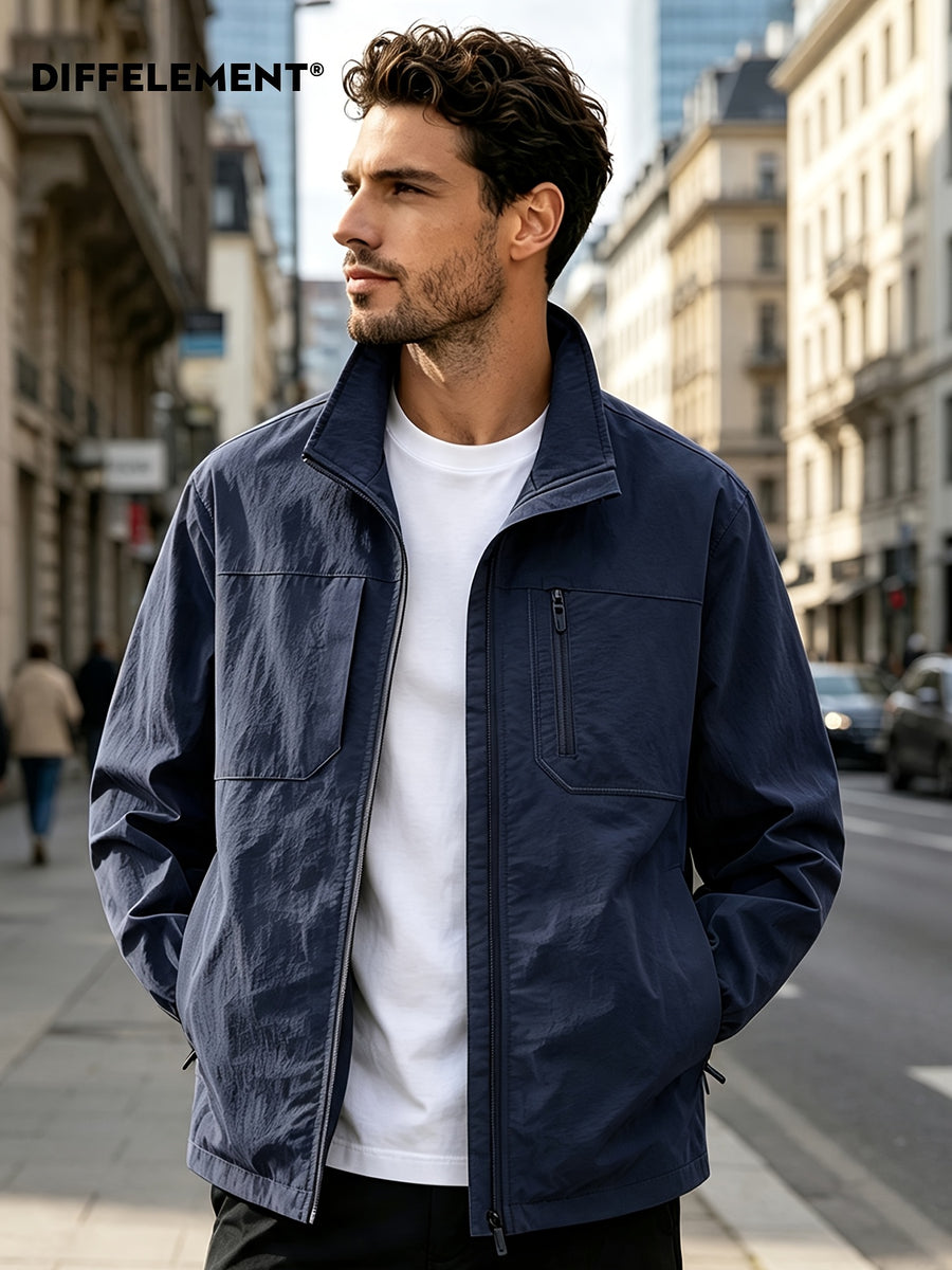 DIFFELEMENT Men'S Stand-Collar Tech Cargo Jacket, Lightweight Breathable Woven Fabric Windproof High Collar Full Zipper Front with Large Pockets And Dual Storage Design, Regular Fit for City Commute, Outdoor Hiking, Daily Layering, Casual Scenarios - Navy Color