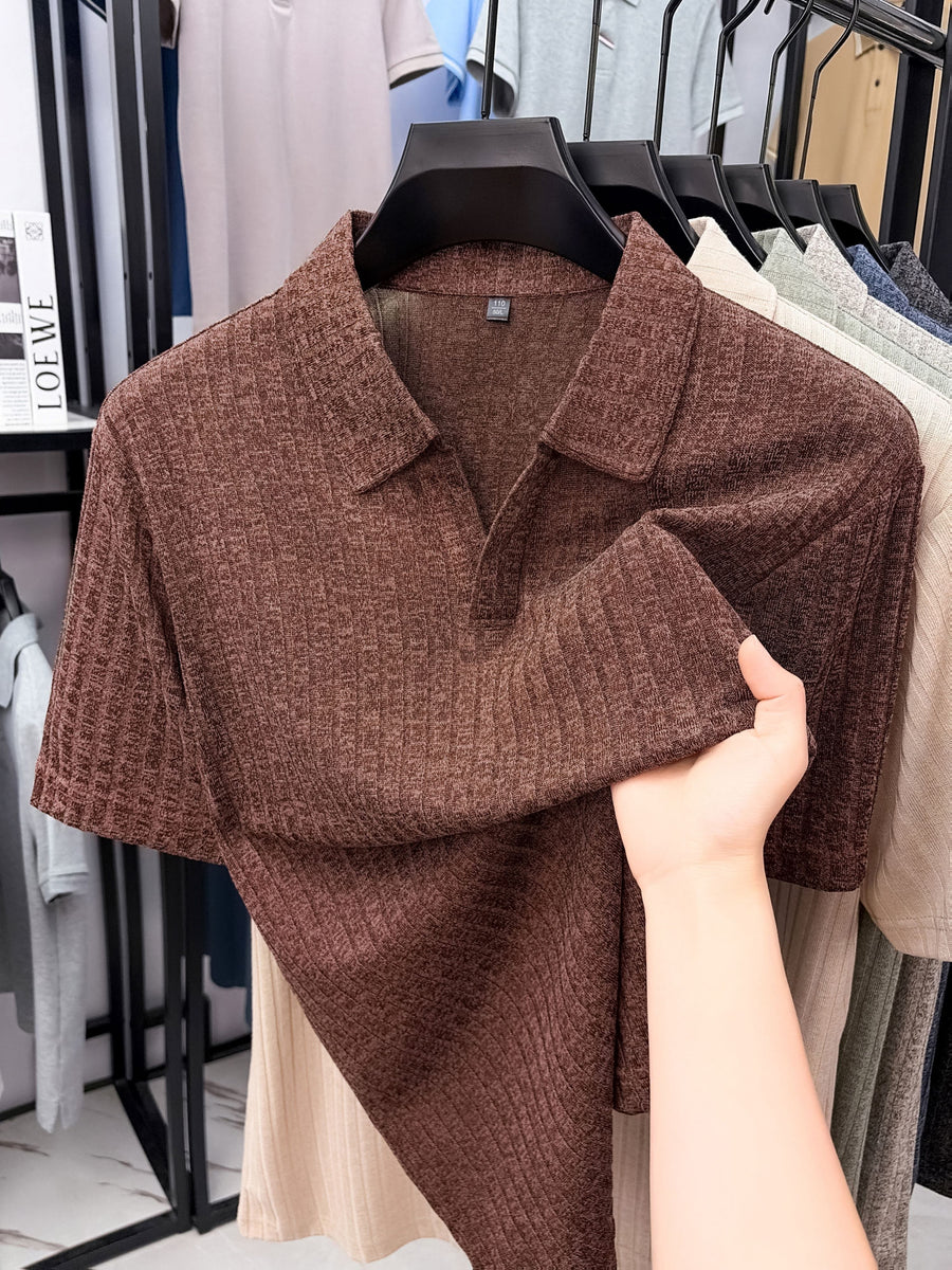 Old Money Aesthetic Vertical Ribbed Polo Sweater, Solid Color No-Button V-Neck Design, Commute Business/Casual Gathering Multi-Scene Short Sleeve Top, Light Athletic Non-Pick Body Men'S Top, Knit - Coffee Color