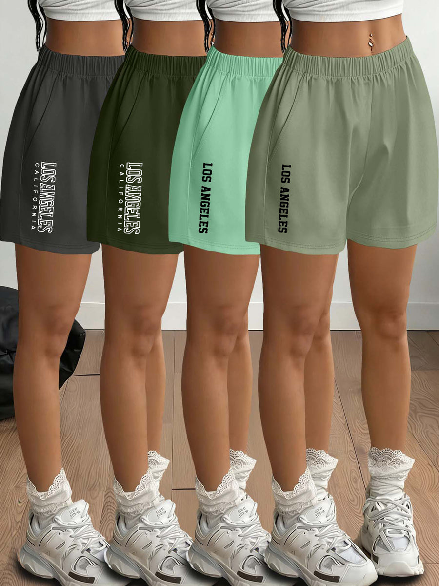 2026 Spring Summer New Women'S Bottoms Fashion Easy Los Angeles Letter Print Leg-Lengthening Casual Home Light Individual Outing Commute Elastic Waist Side Pockets Shorts 4pcs Set - Dark Gray + Army Green + Emerald Green + Light Green