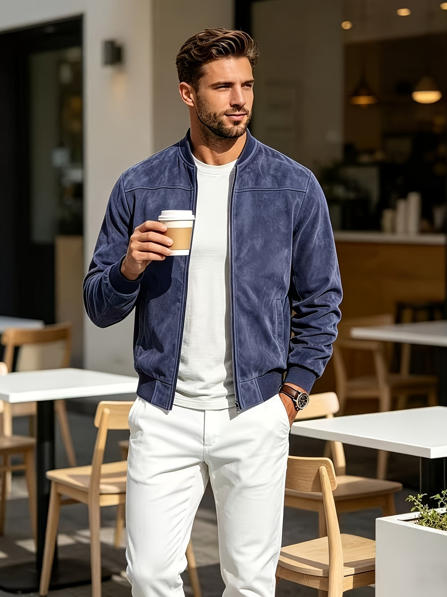 2026 New Men's Baseball Collar Jacket, Autumn Casual Zip-Up Outerwear, Loose Versatile Pilot Top - Navy Color