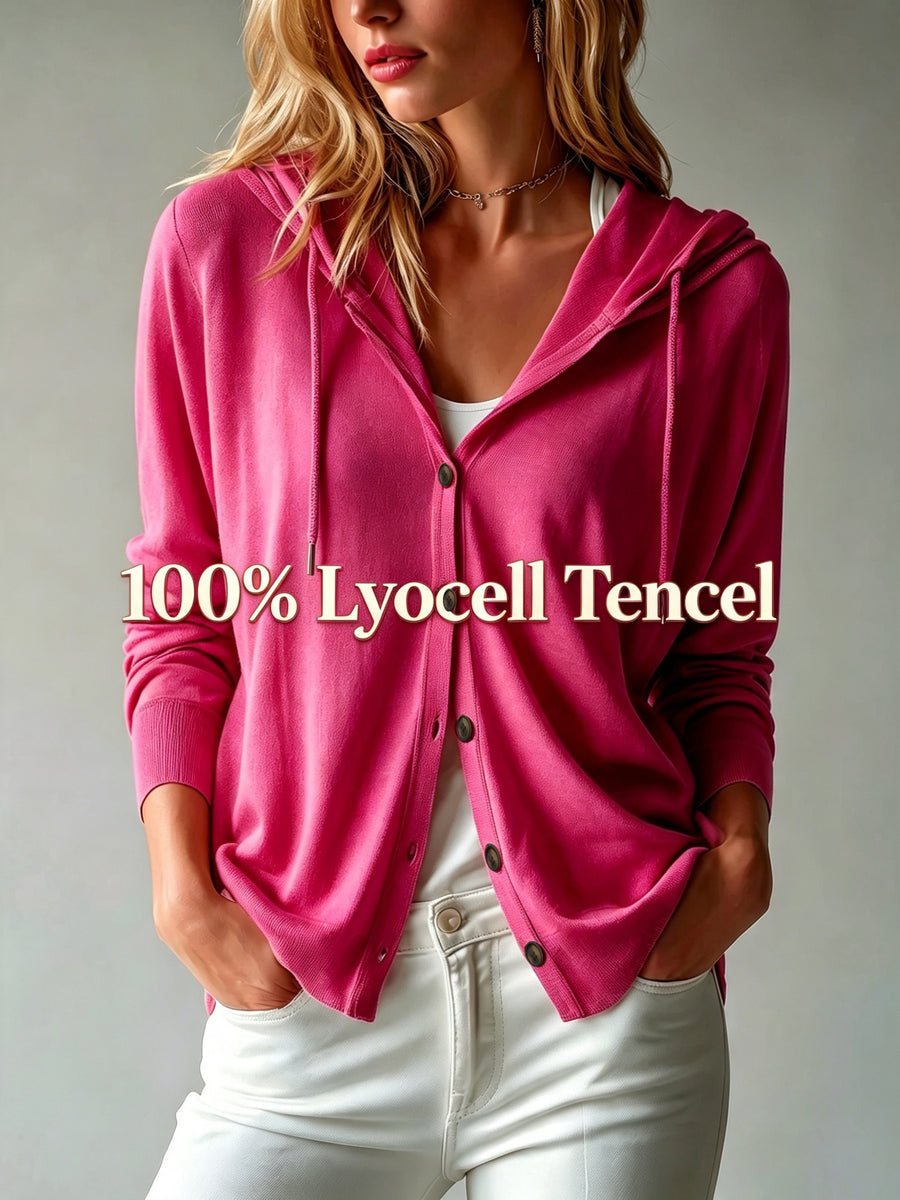 Lyocell Tencel Women'S Sweater Cardigan Hooded Cardigan Women'S Spring Autumn Winter Style Long Sleeve Button Loose Coat, Western Style Casual Temperament Top, Drawstring Hood Design, Daily Commute Outing Versatile Outerwear Elegant - Rose Red