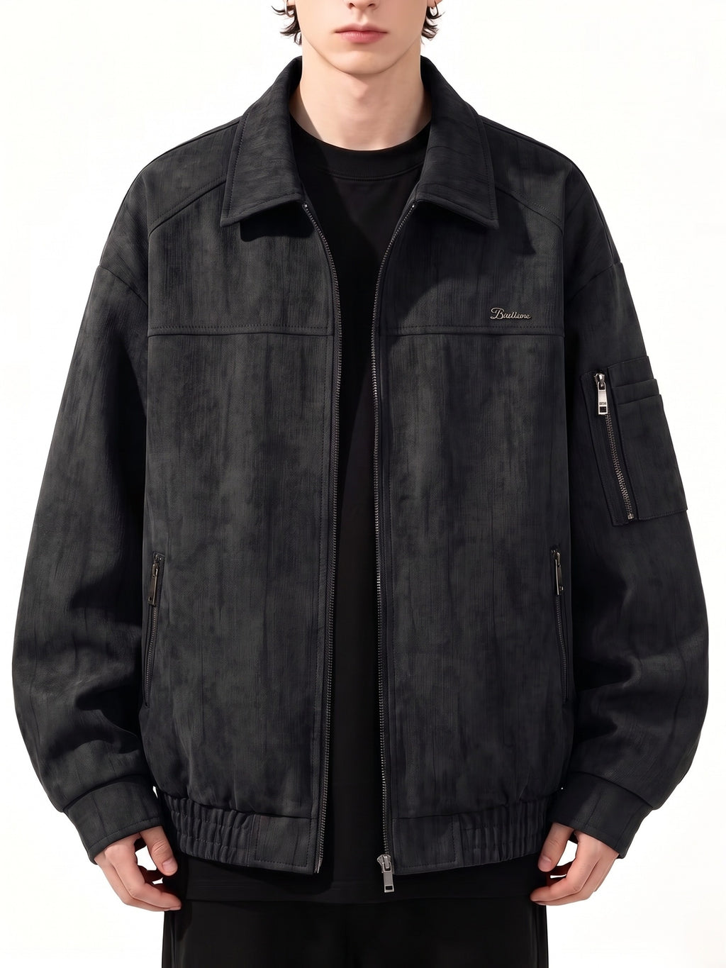 Men's Streetwear Workwear Style Lapel Jacket with Vintage Texture, Full-Zip Casual Outerwear, Multi-Zipper Practical Pocket Design, Regular Fit for Comfort and Versatility. This Casual Coat Is Suitable for All Occasions in Spring and Autumn - Black