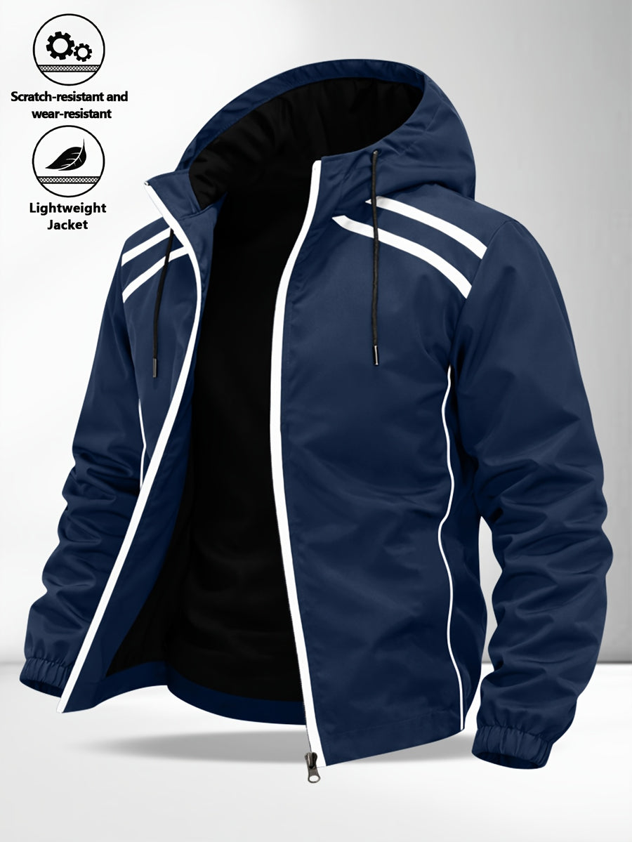 Men'S Multi-Color Racing Style Reflective Stripe Hooded Jacket, And Wear-Resistant Fabric, Multi-Pocket Design, Street Techwear Style, Casual Outing And Commute - Dark Blue